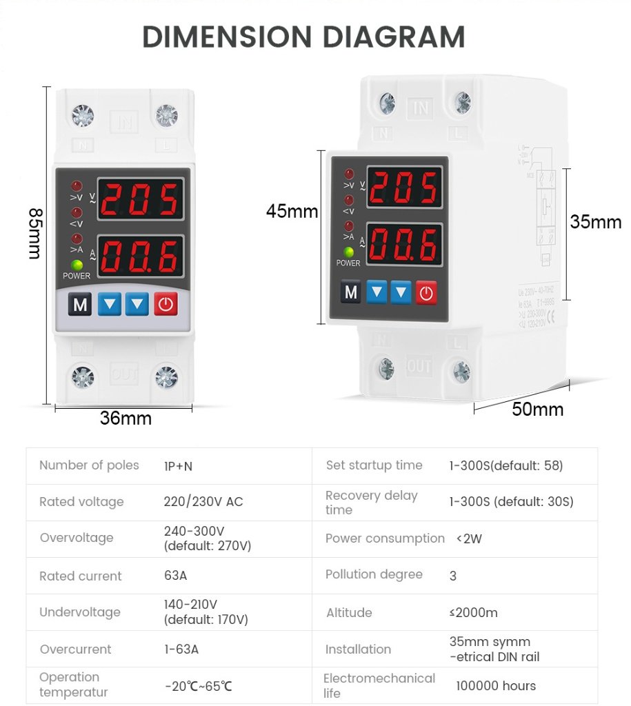 Voltgrid Tech smart automatic over and under voltage current protector 1P 63A din rail mounted with dual LED display