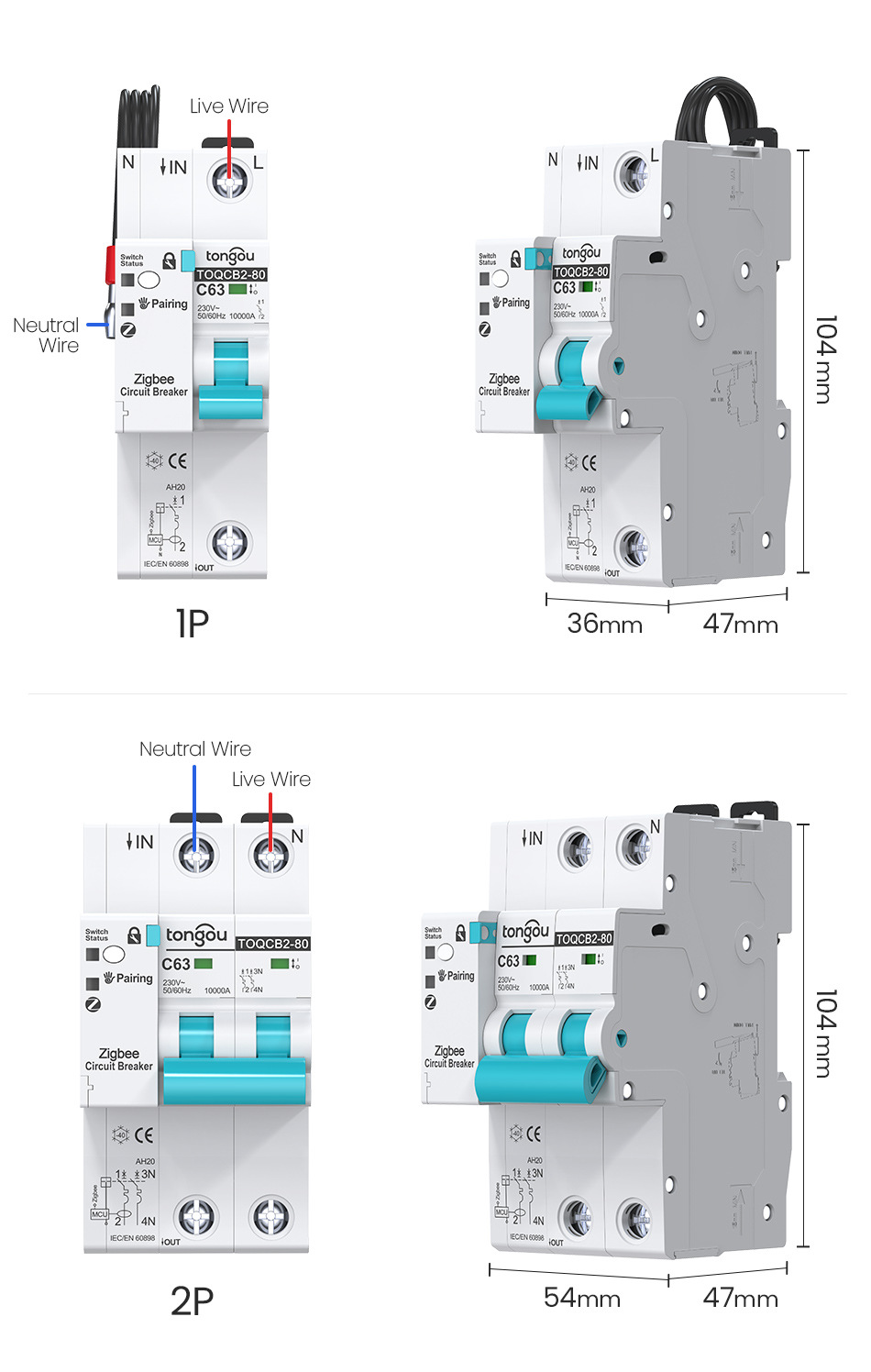 Voltgrid Tech smart Zigbee MCB circuit breaker TONGOU C63 1P 2P 3P 4P automatic reclosing switch supporting Smart Life app for residential and solar PV setup