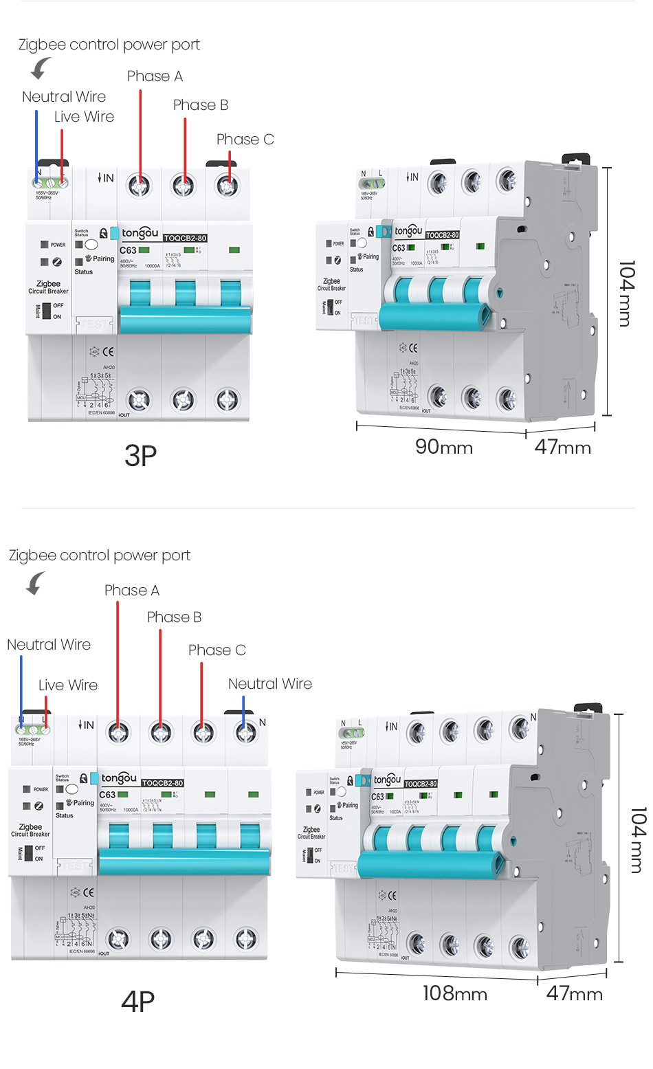 Voltgrid Tech smart Zigbee MCB circuit breaker TONGOU C63 1P 2P 3P 4P automatic reclosing switch supporting Smart Life app for residential and solar PV setup