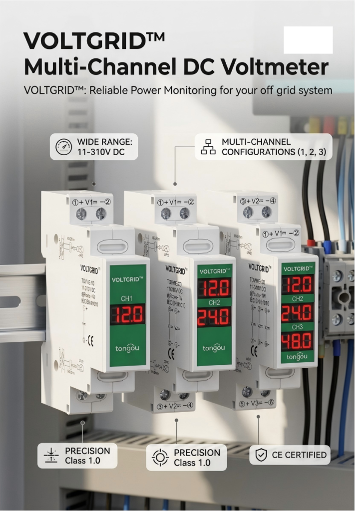 Voltgrid DIN Rail DC Voltmeter 11V-310V Multi Channel LED Battery Monitor