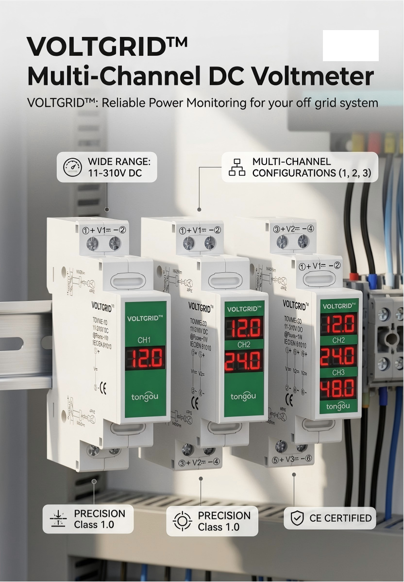Voltgrid DIN Rail DC Voltmeter 11V-310V Multi Channel LED Battery Monitor
