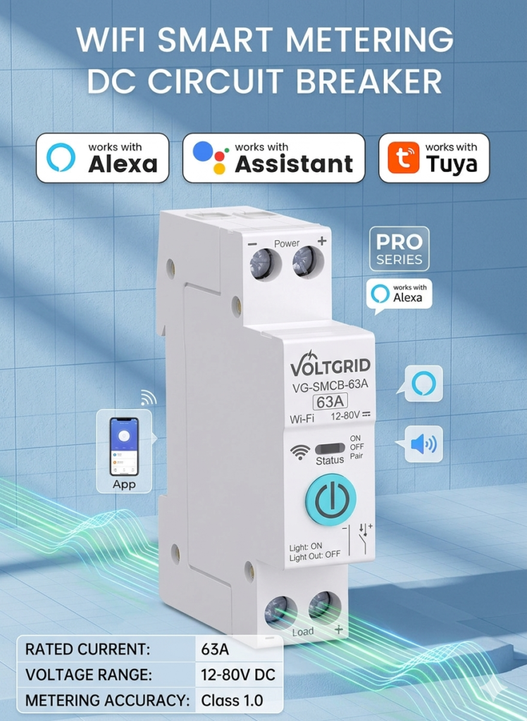 Voltgrid 1P 63A Smart DC Circuit Breaker 12V-80V WiFi Power Metering Switch