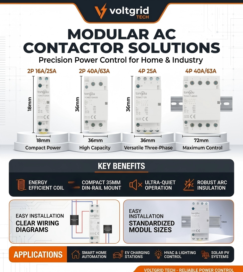 Voltgrid TOWCT Modular AC Contactor 2P 4P | 16A 25A 40A 63A Household Din Rail Contactor with 230V Coil