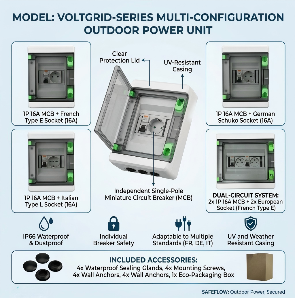 Voltgrid-Series outdoor waterproof power distribution unit, IP66 rated, compatible with European Type E, Schuko, and Type L sockets, ideal for EV charging and garden power.