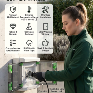 Voltgrid-Series outdoor waterproof power distribution unit, IP66 rated, compatible with European Type E, Schuko, and Type L sockets, ideal for EV charging and garden power.