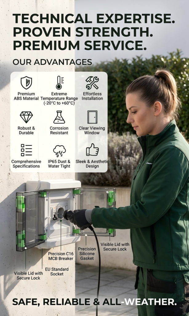 Voltgrid-Series outdoor waterproof power distribution unit, IP66 rated, compatible with European Type E, Schuko, and Type L sockets, ideal for EV charging and garden power.