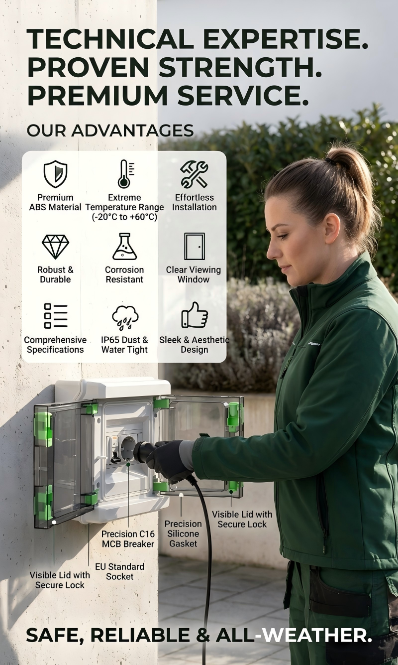 Voltgrid-Series outdoor waterproof power distribution unit, IP66 rated, compatible with European Type E, Schuko, and Type L sockets, ideal for EV charging and garden power.