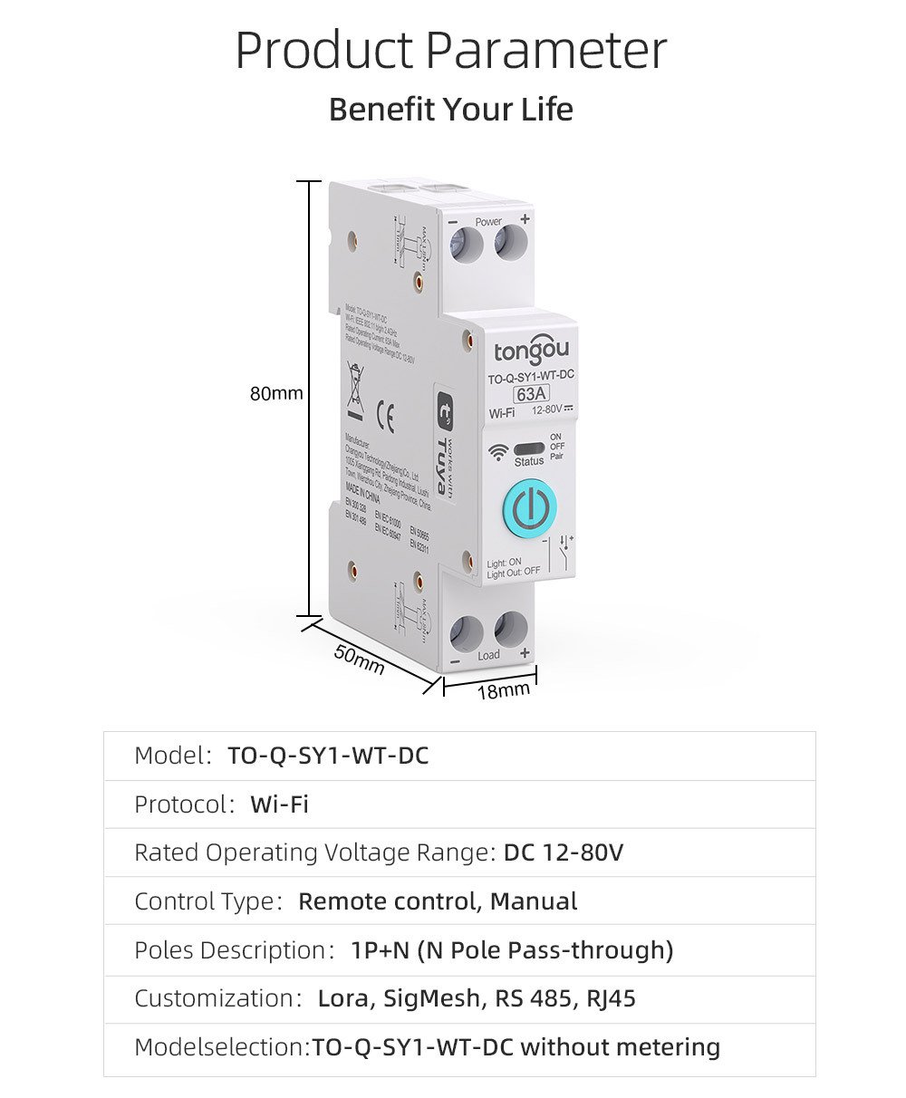 Voltgrid 1P 63A Smart DC Circuit Breaker 12V-80V WiFi Power Metering Switch