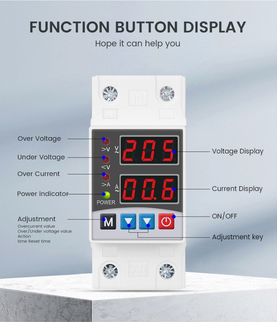 Voltgrid Tech smart automatic over and under voltage current protector 1P 63A din rail mounted with dual LED display